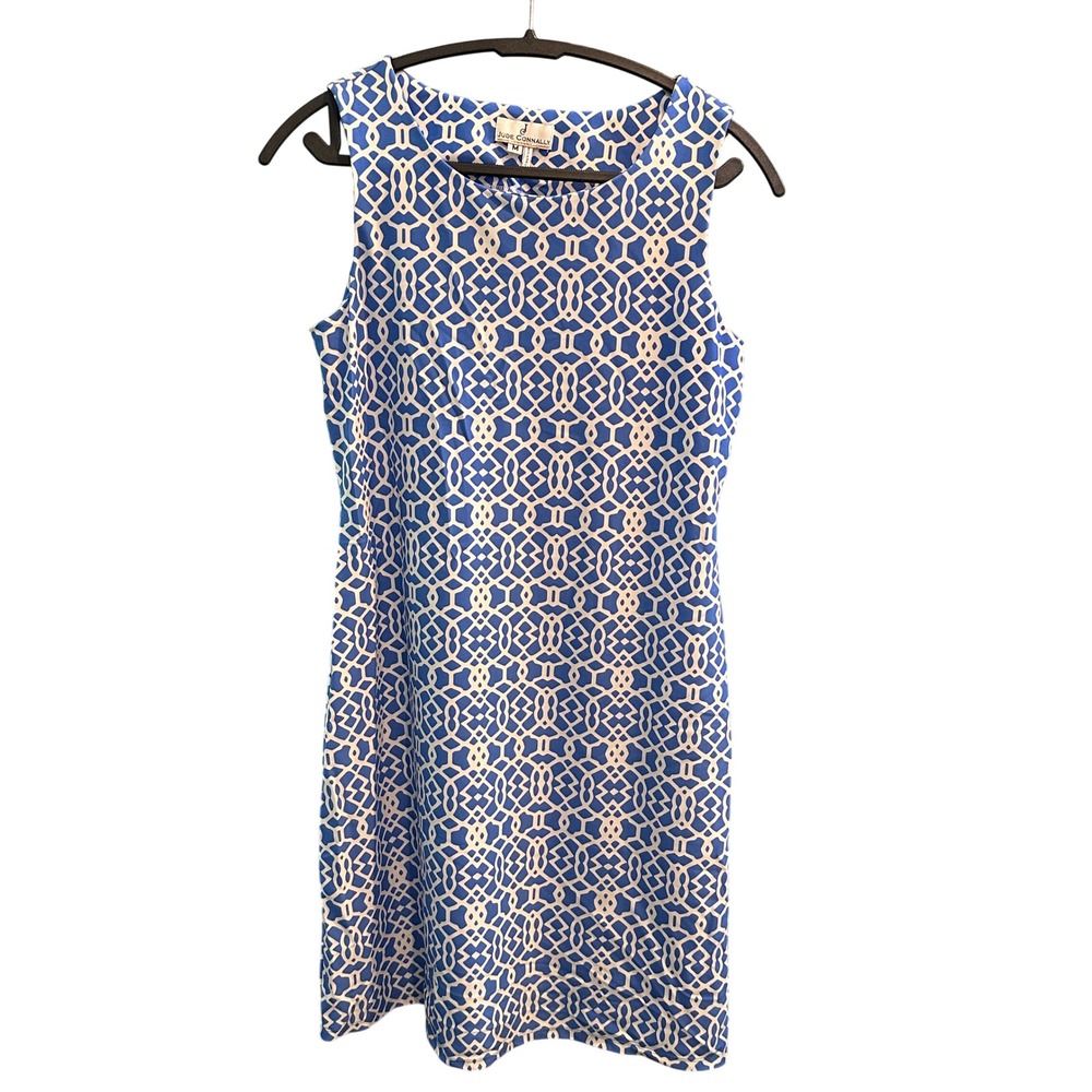 Jude Connally Blue White‎ Geometric Print Sleeveless Shift Dress Womens Medium